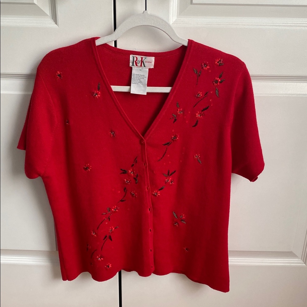 Vintage R&K Originals Red Embroidered Button Front Cardigan